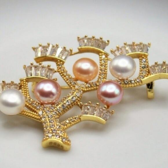 Luxurious Freshwater Pearl Tree Brooch Multi-Bead Cubic Zirconia Gold Plated NWT - Picture 2 of 9